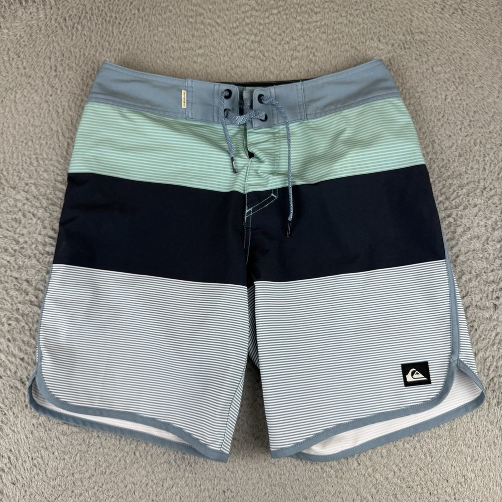 Quiksilver Highline Mens Board Shorts Size 28 Striped Navy Teal Blue Swim Trunks
